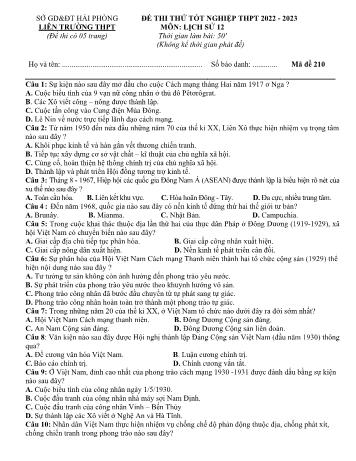 Đề thi thử Tốt nghiệp THPT môn Lịch sử - Mã đề 210 - Năm học 2022-2023 - Sở GD và ĐT Hải Phòng (Có đáp án)