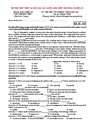 Đề thi thử Tốt nghiệp THPT môn Tiếng Anh năm 2021 - Mã đề 401 - Liên trường THPT Nghệ An