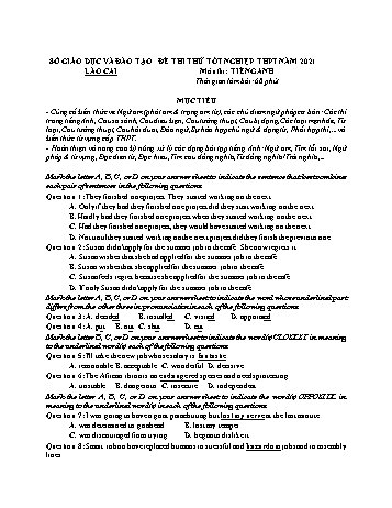 Đề thi thử Tốt nghiệp THPT môn Tiếng Anh năm 2021 - Sở GD và ĐT Lào Cai (Có đáp án)