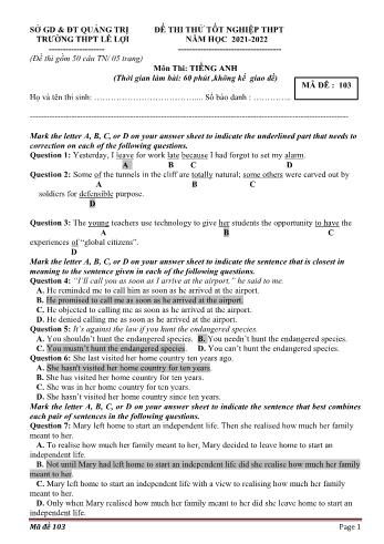 Đề thi thử Tốt nghiệp THPT môn Tiếng Anh năm 2022 - Mã đề 103 - Trường THPT Lê Lợi
