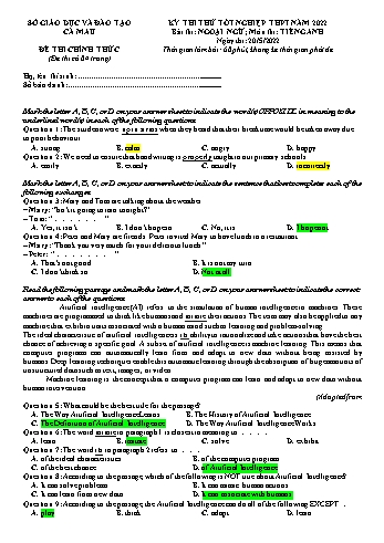 Đề thi thử Tốt nghiệp THPT môn Tiếng Anh năm 2022 - Sở GD và ĐT Cà Mau (Có đáp án)