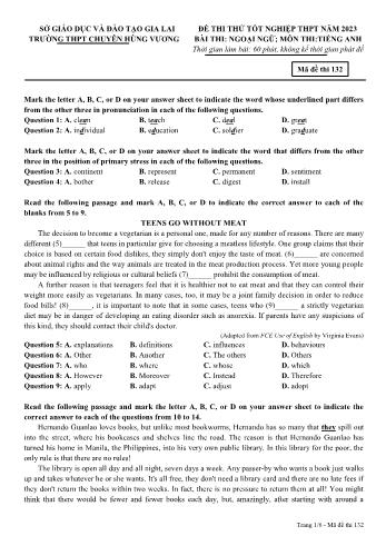 Đề thi thử Tốt nghiệp THPT môn Tiếng Anh năm 2023 - Mã đề 132 - Trường THPT chuyên Hùng Vương (Có đáp án)