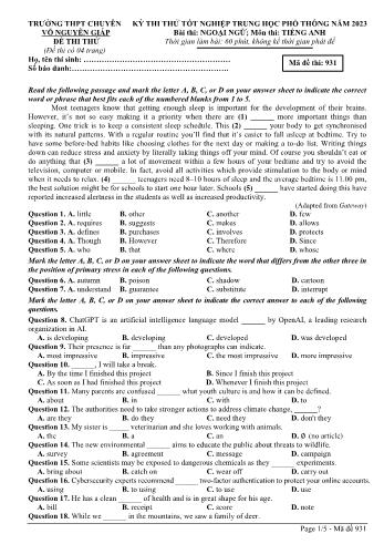 Đề thi thử Tốt nghiệp THPT môn Tiếng Anh năm 2023 - Mã đề 931 - Trường THPT chuyên Võ Nguyên Giáp