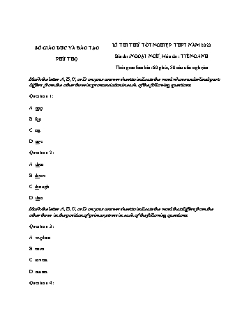 Đề thi thử Tốt nghiệp THPT môn Tiếng Anh năm 2023 - Sở GD và ĐT Phú Thọ (Có đáp án)