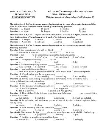 Đề thi thử Tốt nghiệp THPT môn Tiếng Anh - Năm học 2021-2022 - Trường THPT chuyên Lương Ngọc Quyến (Có đáp án)