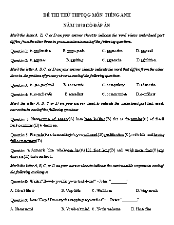 Đề thi thử Trung học phổ thông Quốc gia môn Tiếng Anh năm 2020 - Đề số 8