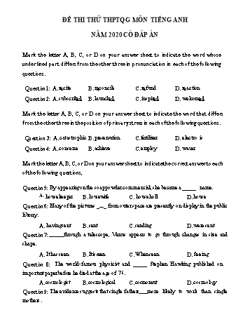 Đề thi thử Trung học phổ thông Quốc gia môn Tiếng Anh năm 2020 - Đề số 11 (Có đáp án)