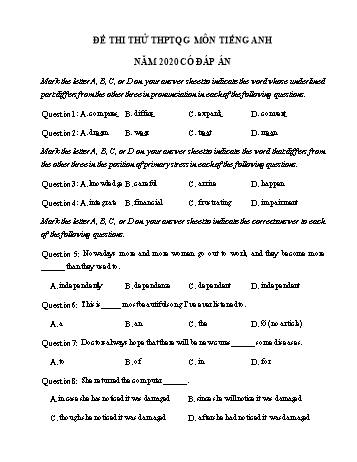 Đề thi thử Trung học phổ thông Quốc gia môn Tiếng Anh năm 2020 (Có đáp án)