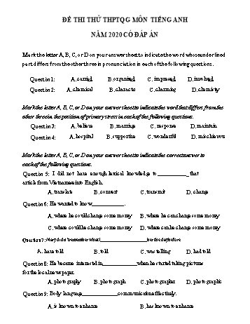 Đề thi thử Trung học phổ thông Quốc gia môn Tiếng Anh năm 2020 - Đề số 3 (Có đáp án)