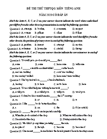 Đề thi thử Trung học phổ thông Quốc gia môn Tiếng Anh năm 2020 - Đề số 2 (Có đáp án)