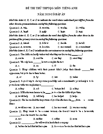 Đề thi thử Trung học phổ thông Quốc gia môn Tiếng Anh năm 2020 - Đề số 22 (Có đáp án)