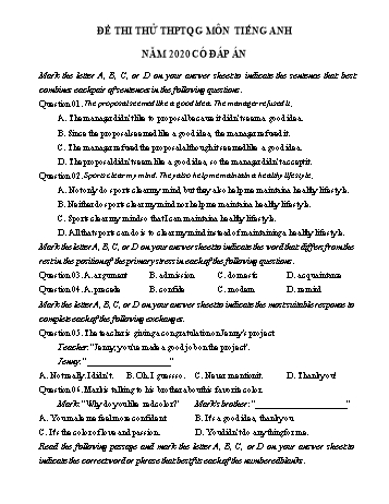 Đề thi thử Trung học phổ thông Quốc gia môn Tiếng Anh năm 2020 - Đề số 5 (Có đáp án)