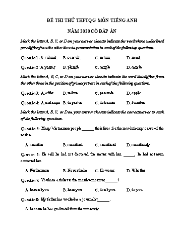 Đề thi thử Trung học phổ thông Quốc gia môn Tiếng Anh năm 2020 - Đề số 16 (Có đáp án)