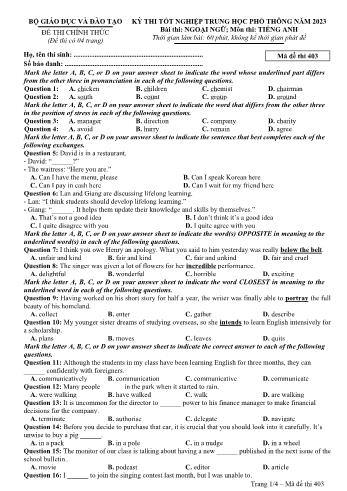 Đề thi Tốt nghiệp THPT môn Tiếng Anh năm 2023 - Mã đề 403 (Đề chính thức)