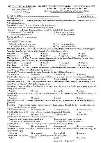 Đề thi Tốt nghiệp THPT môn Tiếng Anh năm 2023 - Mã đề 414 (Đề chính thức)