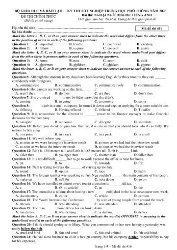 Đề thi Tốt nghiệp THPT môn Tiếng Anh năm 2023 - Mã đề 416 (Đề chính thức)