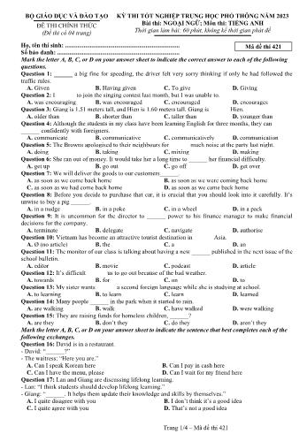 Đề thi Tốt nghiệp THPT môn Tiếng Anh năm 2023 - Mã đề 421 (Đề chính thức)