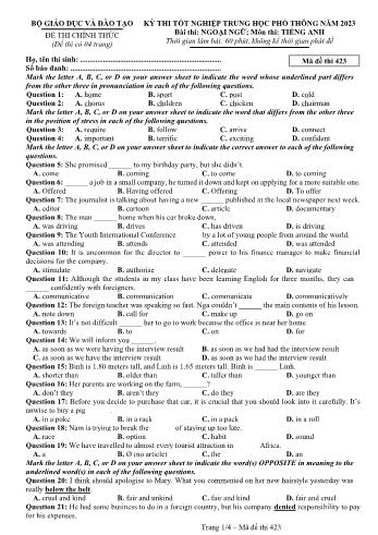 Đề thi Tốt nghiệp THPT môn Tiếng Anh năm 2023 - Mã đề 423 (Đề chính thức)