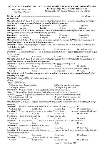 Đề thi Tốt nghiệp THPT môn Tiếng Anh năm 2023 - Mã đề 424 (Đề chính thức)