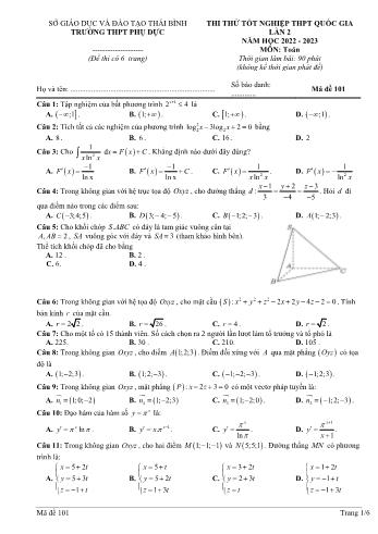 2 Đề thi thử THPT Quốc gia môn Toán - Năm học 2022-2023 - Trường THPT Phụ Dực (Có đáp án)
