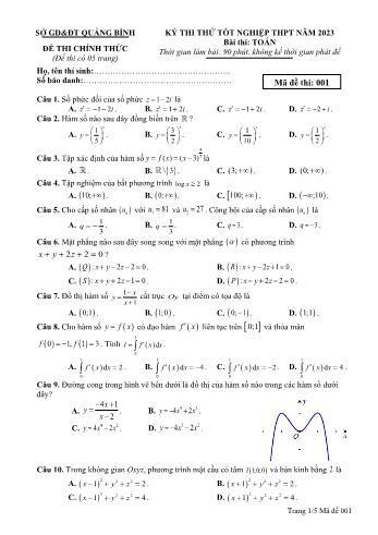2 Đề thi thử Tốt nghiệp THPT môn Toán năm 2023 - Sở GD và ĐT Quảng Bình (Có đáp án)