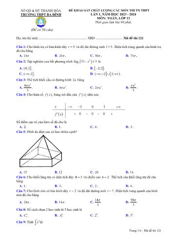 Bộ đề khảo sát chất lượng thi Tốt nghiệp THPT môn Toán - Năm học 2023-2024 - Trường THPT Ba Đình (Có đáp án)