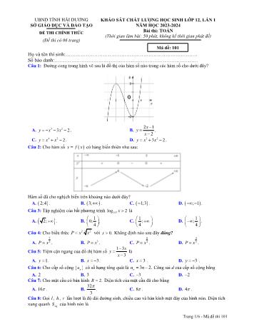 Bộ đề thi khảo sát chất lượng học sinh lần 1 môn Toán Lớp 12 - Năm học 2023-2024 - Sở GD và ĐT Hải Dương (Có đáp án)