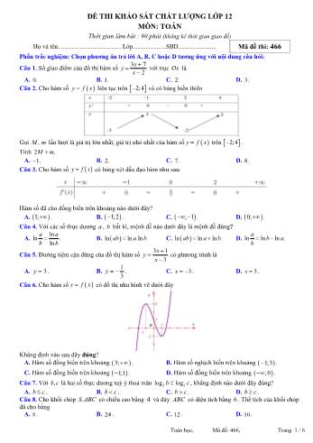 Bộ đề thi khảo sát chất lượng môn Toán Lớp 12 - Năm học 2023-2024 - Trường THPT Kiến Thụy (Có đáp án)