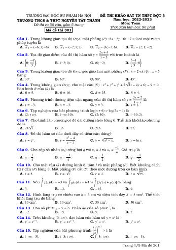 Bộ đề thi khảo sát Tốt nghiệp THPT đợt 3 môn Toán - Năm học 2022-2023 - Trường THCS và THPT Nguyễn Tất Thành (Có đáp án)