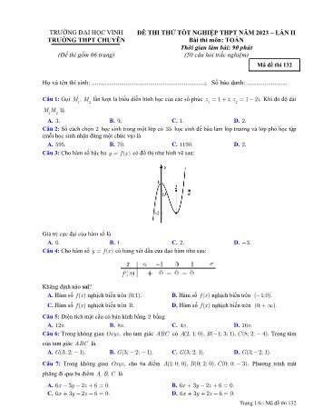 Bộ đề thi thử Tốt nghiệp THPT lần 2 môn Toán năm 2023 - Trường THPT chuyên Đại học Vinh (Có đáp án)