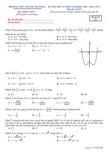 Bộ đề thi thử Tốt nghiệp THPT lần 3 môn Toán - Năm học 2022-2023 - Trường THPT chuyên Hạ Long (Có đáp án)