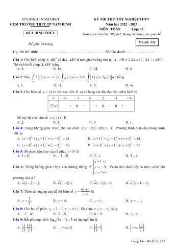 Bộ đề thi thử Tốt nghiệp THPT môn Toán - Năm học 2022-2023 - Cụm trường THPT Thành phố Nam Định (Có đáp án)