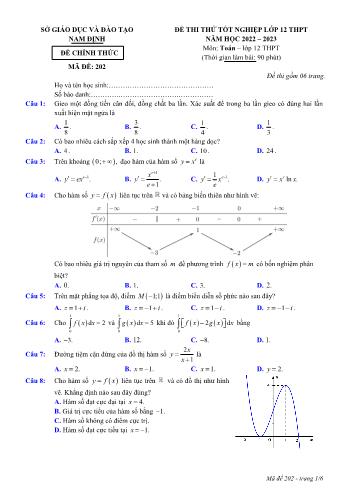 Bộ đề thi thử Tốt nghiệp THPT môn Toán - Năm học 2022-2023 - Sở GD và ĐT Nam Định (Có đáp án)