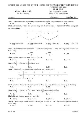 Bộ đề thi thử Tốt nghiệp THPT môn Toán - Năm học 2023-2024 - Sở GD và ĐT Hà Tĩnh (Có đáp án)