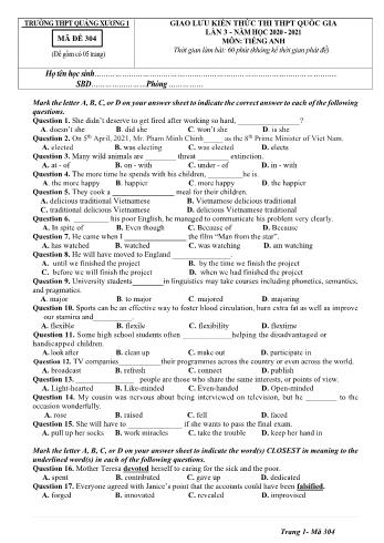 Đề giao lưu kiến thức thi THPT Quốc gia lần 3 môn Tiếng Anh - Mã đề 304 - Năm học 2020-2021 - Trường THPT Quảng Xương 1 (Có đáp án)