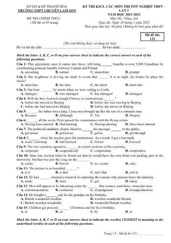 Đề khảo sát chất lượng các môn thi Tốt nghiệp THPT lần 1 môn Tiếng Anh - Mã đề 132 - Năm học 2021-2022 - Trường THPT chuyên Lam Sơn (Có đáp án)