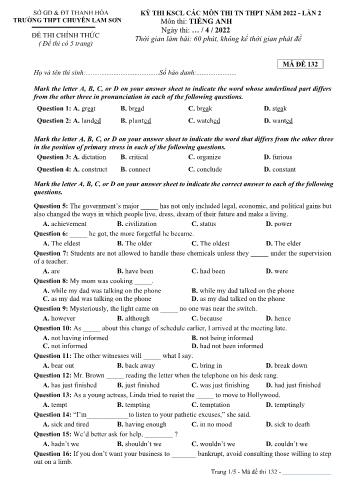 Đề khảo sát chất lượng các môn thi Tốt nghiệp THPT lần 2 môn Tiếng Anh năm 2022 - Mã đề 132 - Trường THPT chuyên Lam Sơn (Có đáp án)