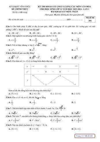 Đề khảo sát chất lượng các môn văn hóa cho học sinh lần 1 môn Toán Lớp 12 - Mã đề 201 - Năm học 2023-2024 - Sở GD và ĐT Vĩnh Phúc (Có đáp án)