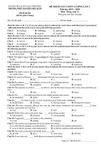 Đề khảo sát chất lượng lần 1 môn Tiếng Anh Lớp 12 - Mã đề 061 - Năm học 2019-2020 - Trường THPT Nguyễn Viết Xuân (Có đáp án)
