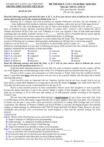 Đề khảo sát chất lượng lần 1 môn Tiếng Anh Lớp 12 - Mã đề 070 - Năm học 2020-2021 - Trường THPT Nguyễn Viết Xuân (Có đáp án)