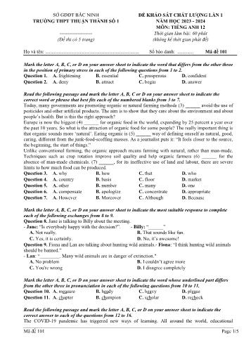 Đề khảo sát chất lượng lần 1 môn Tiếng Anh Lớp 12 - Mã đề 101 - Năm học 2023-2024 - Trường THPT Thuận Thành số 1 (Có đáp án)