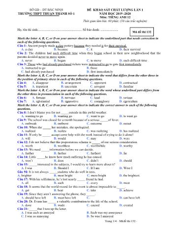 Đề khảo sát chất lượng lần 1 môn Tiếng Anh Lớp 12 - Mã đề 132 - Năm học 2019-2020 - Trường THPT Thuận Thành số 1 (Có đáp án)