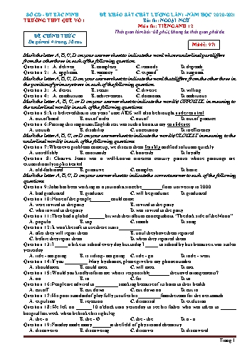 Đề khảo sát chất lượng lần 1 môn Tiếng Anh Lớp 12 - Mã đề 971 - Năm học 2020-2021 - Trường THPT Quế Võ 1 (Có đáp án)