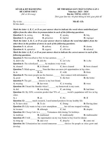 Đề khảo sát chất lượng lần 1 môn Tiếng Anh Lớp 12 - Năm học 2023-2024 - Sở GD và ĐT Hải Dương (Có đáp án)