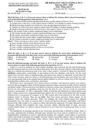 Đề khảo sát chất lượng lần 2 môn Tiếng Anh Lớp 12 - Mã đề 101 - Năm học 2019-2020 - Trường THPT Nguyễn Viết Xuân (Có đáp án)