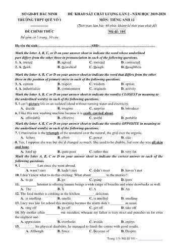 Đề khảo sát chất lượng lần 2 môn Tiếng Anh Lớp 12 - Mã đề 101 - Năm học 2019-2020 - Trường THPT Quế Võ 1 (Có đáp án)