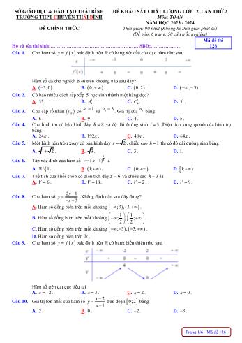 Đề khảo sát chất lượng lần 2 môn Toán Lớp 12 - Mã đề 126 - Năm học 2023-2024 - Trường THPT chuyên Thái Bình (Có đáp án)
