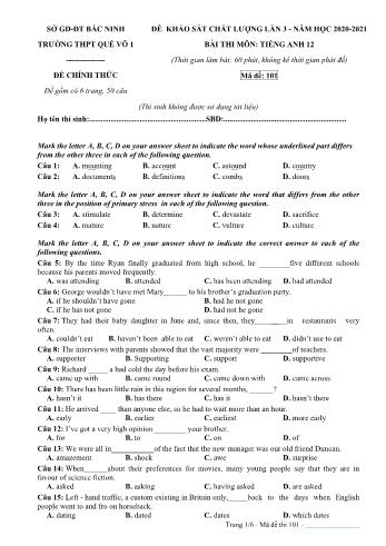 Đề khảo sát chất lượng lần 3 môn Tiếng Anh Lớp 12 - Mã đề 101 - Năm học 2020-2021 - Trường THPT Quế Võ 1 (Có đáp án)