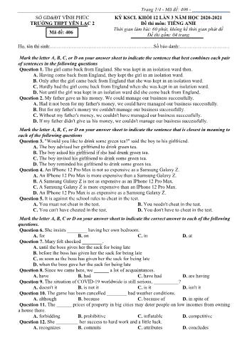 Đề khảo sát chất lượng lần 3 môn Tiếng Anh Lớp 12 - Mã đề 406 - Năm học 2020-2021 - Trường THPT Yên Lạc 2 (Có đáp án)