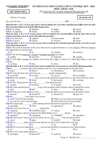 Đề khảo sát chất lượng môn Tiếng Anh Lớp 12 - Mã đề 201 - Năm học 2019-2020 - Sở GD và ĐT Vĩnh Phúc (Có đáp án)